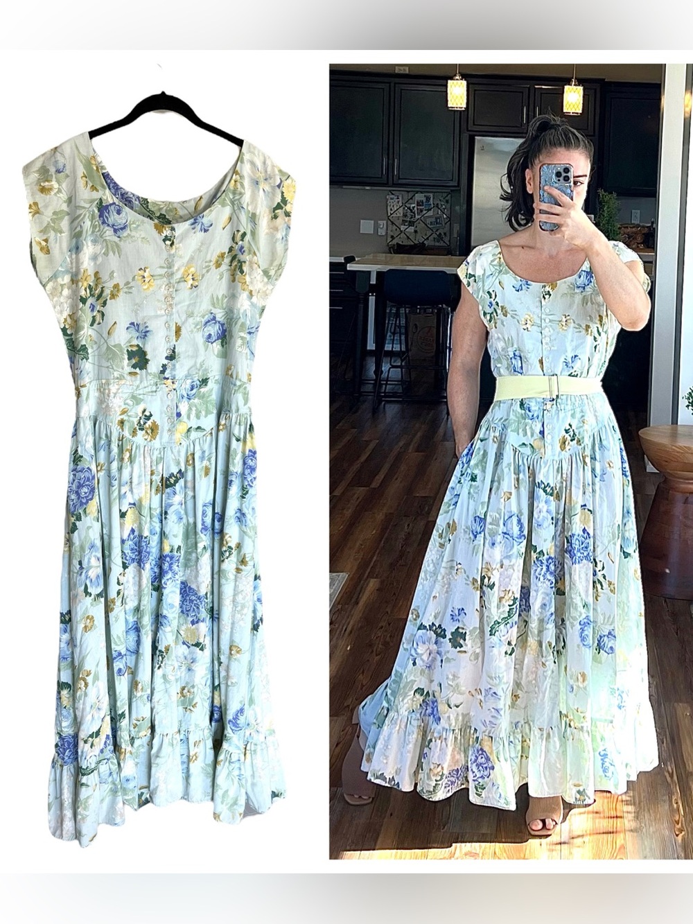 Vintage Rothschild floral tiered maxi dress cottagecore romantic pockets prairie